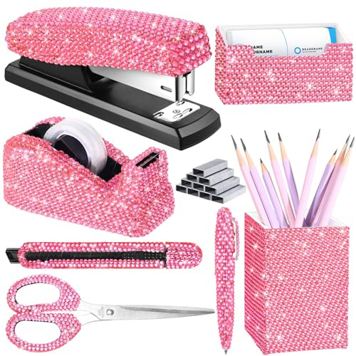 7 Stück Büro Schreibwaren Set Bling Kristall Schreibtisch Zubehör Kit Handmade Diamant Bleistift Stifte Topflappen, Hefter, Kartenhalter, Kugelschreiber, Messer für Büro Schreibtisch (Rosa)