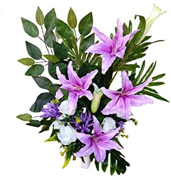 DRW Jarron Flores Artificiales para Botes o jarrones de sepulturas o nichos Cementerio, Santos, Aniversarios de pie Morado Malva y Blanco (Jarron 70x58x20 cm)