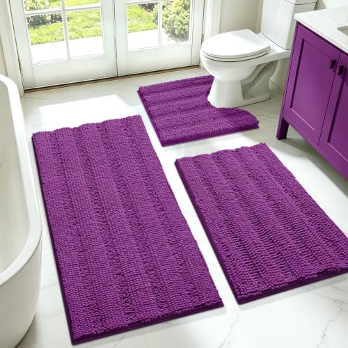 ACCUMTEK Gestreiftes lila Badezimmerteppich-Set, 3-teilig, ultraweich, rutschfest, Chenille, WC-Vorleger, saugfähiger Plüsch, zottelige Badematten für Badezimmer, Schlafzimmer, Küche