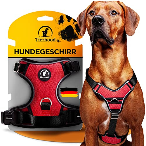 Tierhood Hundegeschirr - Anti Zug Hundegeschirr gepolstert - Rot | Reflektierendes Hundegeschirr für kleine bis große Hunde