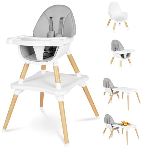 6 in 1 High Chair for Babies & Toddlers, Convertible Wooden Baby Highchair, Table and Chair Set, Baby Feeding Chair, 5-Point Adjustable Harness/4-Position Removable Tray& PU Seat Cushion(Grey)
