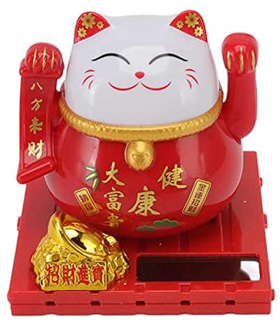 HEITIGN Red Maneki Neko Lucky Fengshui Cat Solar Powered Waving Arm Swinging Cat Cute Display Attract Good Luck Fortune Wealth, Decoration for Car Home Office Store Restaurants Bussiness