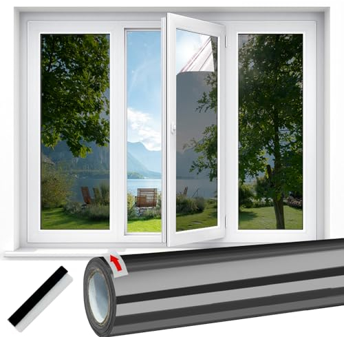 Linarun Reflective Window Film Privacy One Way Window Film UV Mirror Window Tint Film Home Anti Glare Mirror Film for Sun Blocker Heat Reducing, Black Silver, 44.5x200