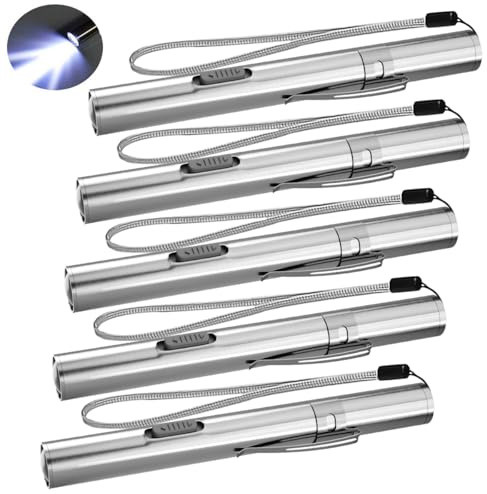 WholeFire 5 Stück Stiftlampe LED Aufladbar USB Mini Klein Taschenlampe | Edelstahl, Wasserdicht, Stift Licht Stifttaschenlampe Penlight Pocket Pen Torch mit Taschenclip + USB Kabel für Mechaniker
