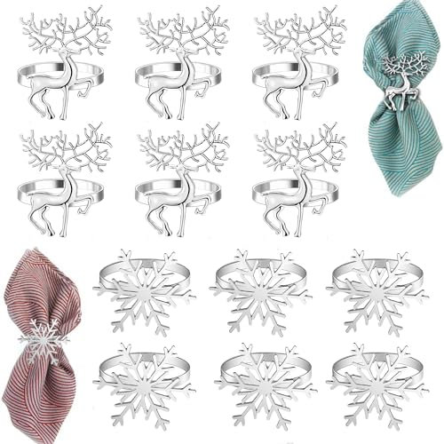 12 Stück Serviettenringe Weihnachten, 12 Stück Schnee Flocke Rentier Servietten Ring, für Tischdeko Weihnachten, Party, Hochzeit, Thanksgiving (Silber)