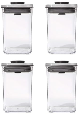 OXO Steel POP Container Small Square Short - 1.1 Qt/1 L (Pack of 4) Airtight Food Storage for Brown Sugar, Tea, Grey
