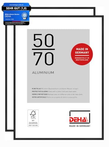DEHA Design Aluminium Bilderrahmen Boston, 50 x 70 cm 2er Set, Schwarz | Aluminium Posterrahmen im Hoch- & Querformat zum Aufhängen Schwarz matt bruchsicheres Kunstglas