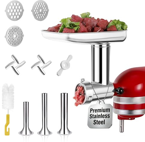 Stainless Steel Food Grinder Attachment for KitchenAid Mixers, Heavy-Duty Metal Meat Grinder with 3 Sausage Stuffers & Grinding Plates, Dishwasher Safe Accessories by Rafbar