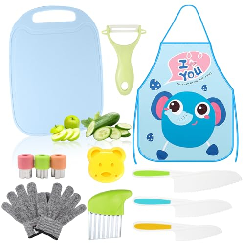 ELNLE Kindermesser Set Kinder Messer 13-Teiliges Kinder Küchenmesser, mit Wellenschneider Schäler Keksform Schneidebrett Schnittfeste Handschuhe für Kindermesser ab 2 Jahre