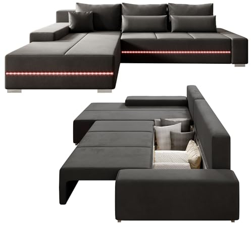Juskys Sofa Davos Links mit Schlaffunktion - Ecksofa für Wohnzimmer mit Bettkasten & LED - Stoff Schlafsofa L Form Couch Beleuchtung - Dunkelgrau