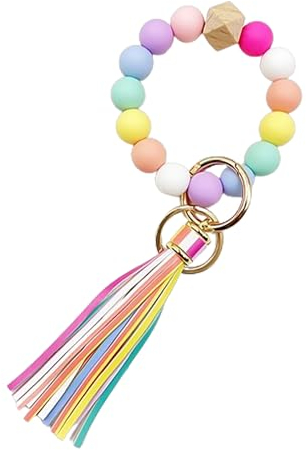 DAZZLUXE Handgelenk-Schlüsselanhänger mit Silikon-Perlen-Armband, Regenbogen und Mini-Quasten-Anhänger, Taschenanhänger