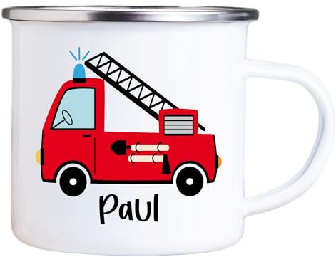 4youDesign Emaille Tasse Kinder personalisiert – Feuerwehr – Feuerwehrauto Namenstasse – Geschenk für Jungen & Mädchen – Bruchsicher & Leicht – Geschenkidee zur Einschulung & Geburtstag - 300ml