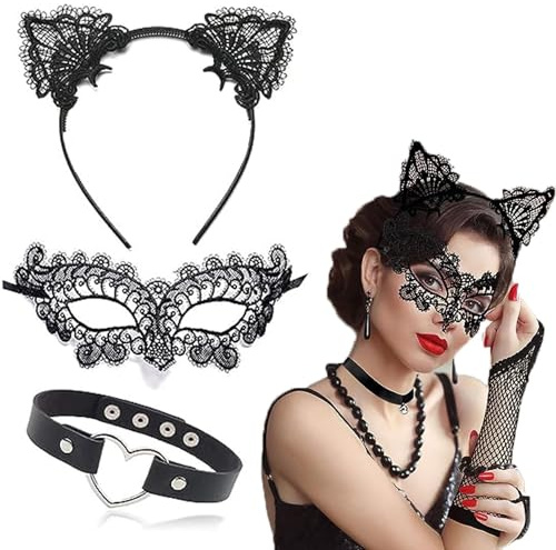 ZOSIGN Haarreif Maske Halskette Set, Sexy Maskerade Maske, Spitze Katzenohren Stirnband, Herz Choker Halsband, für Damen Lady Halloween Fasching Masquerade Cosplay Karneval