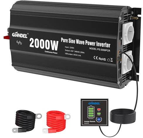 Giandel Inversor de Corriente 2000W Onda Sinusoidal Pura Convertidor DC 12V a AC 220V 230V con Mando a Distancia & 2 AC Tomas & Puerto USB para Coche de Caravana camión