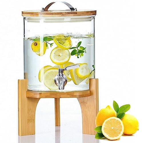 Glass Drink Dispenser with Spigot -Ice Drink Dispenser for Cold Drinks, Wooden Stand Included - Perfect for Parties and Daily Use