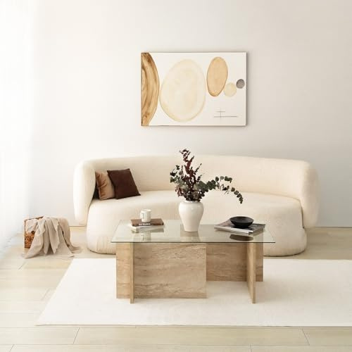 Hanah Home Élégante Table à café, Travertine, 105 x 40 x 65 cm, Dessus en 100% Verre et Panneau en Particules de mélamine, Design élégant en marbre pour espaces de Vie Modernes