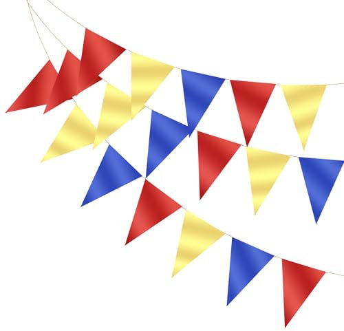 PATIKIL 16.5 Pies Banderines De Banderas, 2Pcs Bandera Triangular De Papel Guirnalda De Banderines Vintage Cadena De Banderas Para De Boda Cumpleaños Carnaval Fiesta, Rojo/Oro Claro/Azul