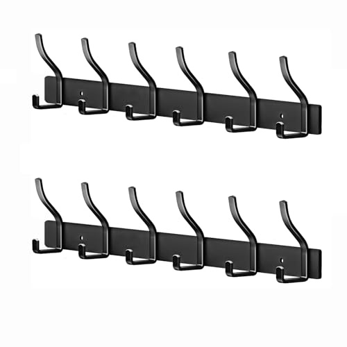 MEIJO Garderobenleiste Schwarz Garderobenhaken Edelstahl Kleiderhaken Wand Wandhaken mit 6 Haken, Hakenleiste Garderobe Wandgarderobe für Schlafzimmer Küche Kleiderständer (Schwarz, 6 Haken 2 Stück)