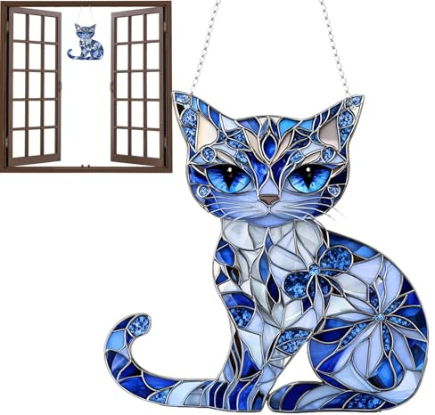 Katzen-Sonnenfänger-Ornament, 20,3 cm, hängbar, 2D-Acryl, blau-weiße Fensterdekorationen, Katzen-Weihnachtsbastelarbeiten, Gedenkstätte, Weihnachtsbaumschmuck für Katzenliebhaber