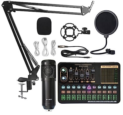 Kit de tarjeta de sonido BM800 Mezclador de sonido Tarjeta de sonido Mezclador de audio de estudio Micrófono de reducción de ruido Transmisión de voz en vivo Teléfono Computadora Grabación Estudio Con
