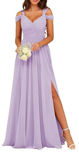 KURFACE Vestido de dama de honor con hombros descubiertos para mujer, con abertura, plisado, de gasa, para invitada de boda, vestido formal, Lila, 38