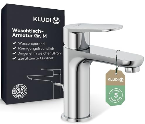 KLUDI-X1 Wasserhahn Bad mit Zugstangen-Ablauf, Auslaufhöhe 95 mm, wassersparende Waschtischarmatur Größe M, Keramikkartusche, Mischbatterie Waschbecken inkl. Anschlussschläuche in Chrom