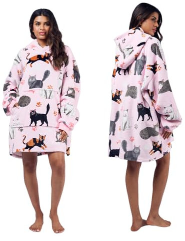 OHS Oversized Hoodie Blanket, Ultra Soft Warm Fleece Wearable Blankets with Large Pocket Cat Print Hooded Blanket For Women Teens Loungewear Gift for Cat Lovers, One Size - Blush Pink