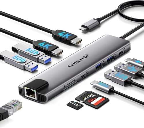 Aluminum Docking Station USB-C Hub with 2 HDMI, Gigabit Ethernet, 4 USB A, USB-C 3.0, PD 100W, SD/TF, 1000Mbps RJ45 LAN Dock Adapter for MacBook Docking Station Laptop, Supports 2 Monitor