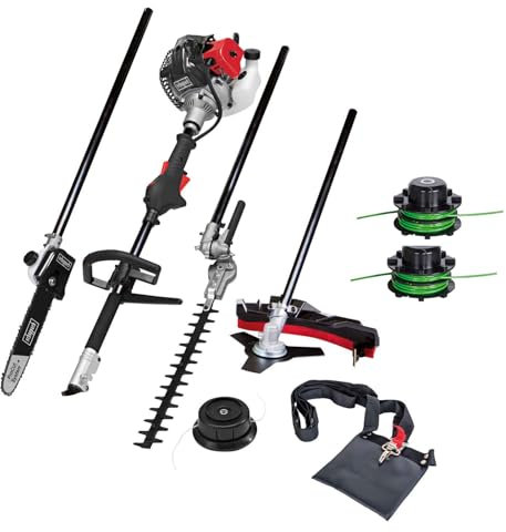 Scheppach Benzin Motorsense MFH5200-4P (1,8 PS, 4in1 Multitool für Garten - Rasentrimmer, Heckenschere, Hochentaster, Kettensäge, 250mm Schwert/Kette, schwenkbar) inkl. 2 Tricord Fadenspulen