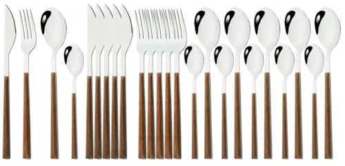 GYMIGE Ensemble de Couverts de Table en Acier Inoxydable avec Manche en Bois Imitation, 24/30 pièces, Vaisselle Occidentale, Couteaux, fourchettes, cuillères, argenterie