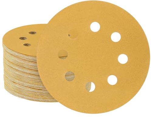 50PCS 125mm 8 Hole Sanding Discs 240 Grit Round Sandpaper Hook and Loop Pads Yellow Random Orbital Sander Sandpaper for Wood Metal Plastic