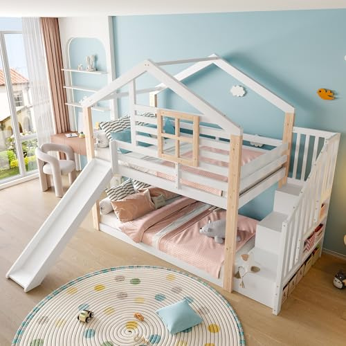 ANIROY Kinder-Etagenbett 90x200cm mit Rutsche und Treppe, Hochbett für 2 Kinder mit Stauraum & Geländer, Massivholzbett Hausbett Bettgestell mit Lattenrost, ohne Matratze, Weiß
