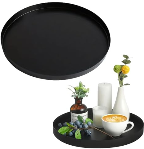 2 Stück Kerzentablett Schwarz - Tablett Metall Schwarz Deko, 20 cm und 30 cm Rundes Tablett Metall, Anti Rutsch Dekoteller für Kosmetik Dessert Kerzen, Kerzen Serviertablett für Café Bar Restaurant
