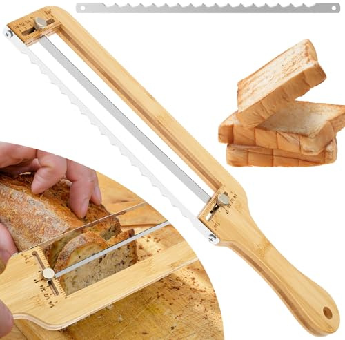 Bread Slicer for Homemade Breads Adjustable Slice Thickness, Manual Bow Sourdough Bread Knife with Thickness Guide & Serrated Stainless Blade for Precise Cutting Baguettes Bagels,Gift fit Baker