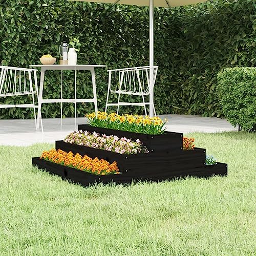 Pflanzkübel Schwarz 80x80x27 cm, Massivholz Kiefer, 3-Stufen-Design, erhöhtes Beet für Garten, Outdoor Pflanzen & Gemüse, robust