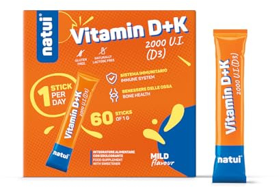 Natui Vitamin D+K – Integratore Vitamina D3 2000 UI Alto Dosaggio e K2 ad Alto Assorbimento – Colecalciferolo 50 mcg - Integratore per Difese Immunitarie, Ossa e Denti - 60 Stick Orosolubili da 1 g
