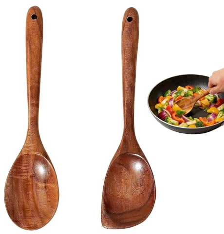 2 Pcs Wooden Spoons for Cooking, Wooden Utensil Set, Natural Teak Wood Corner Spoon and Round Spoon, Wood Non-Stick Spoons, Heat Resistant Woods Utensils, for Safe Stirring & Mixing