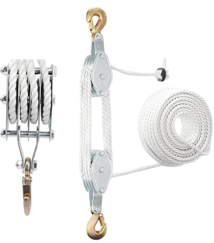 Schwerlast Flaschenzug 4400 LB mit 20m Nylon Seilbremse | Flaschenzug Tragkraft Manuelle Hubseile Arbeitssparender Flaschenzug Hochleistungs-Seilzug für Garagen Lagerhallen Weiß