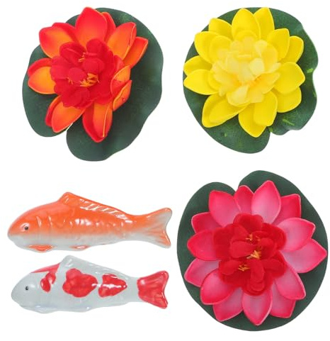 YARNOW 5 Pièces Décoration Flottante en Céramique pour Aquarium et Étang de Jardin, Statue Poisson Koi et Lotus Réaliste, Facile d'entretien pour Intérieur et Extérieur Plusieurs Styles