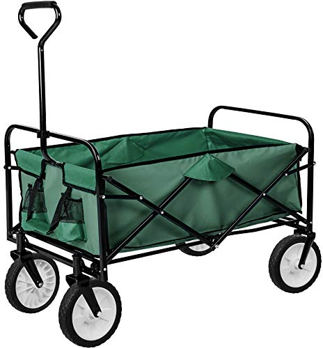 tectake® Carrello Pieghevole, Maniglione di Trazione, Ruote Portatutto, Carrellino da Giardino, 2 Pratiche Tasche a Rete, Portaoggetti, Antiribaltamento, Idrorepellente, fino a 80 Kg - Verde