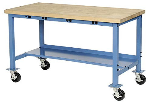 Global Industrial Mobile Workbench with Power Apron, Maple Block Square Edge, 72 W x 36 D, Blue