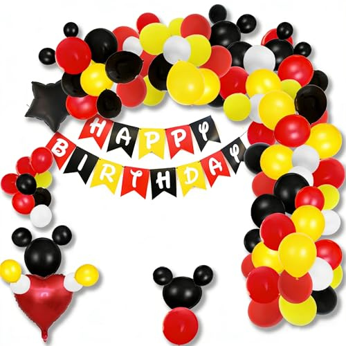 156 globos de ratón de dibujos animados con arco de guirnalda de 40,8 cm y 10,5 cm de aluminio, confeti amarillo, blanco, globos de látex para el tema del ratón, suministros de fiesta de cumpleaños,