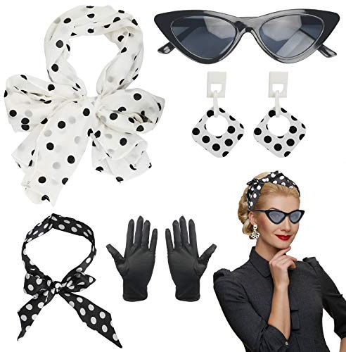 LOPOTIN Années 50 Costume Accessoires, Années 50 Femmes Costume 5 Pcs Ensemble à Pois Écharpe Gant Boucle d'oreille Bandeau Lunette pour Soirée de Déguisement Fête Party Carnaval (Noir)