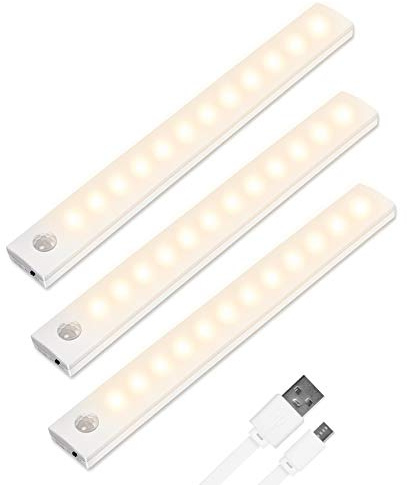 Vicloon rörelsesensorlampor, 3 st skåpljus 12 LED belysning under skåp, Auto On/Off, Trådlöst USB Uppladdningsbart skåp Nattlampa med magnetremsa för garderob, skåp, trappor (Varm vit)