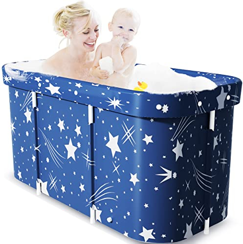 folconroad Portable Bath Adult, Double Foldable Bathtub, Soaking Standing Bath Tub for Adults Kids, Ideal for Hot Bath Ice Bath (Starry Blue)