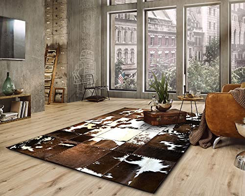 Handmade Cowhide Rug Patchwork Tricolor Cow Skin Hand Stitched Premium Leather Area Rug for Living Room | Tricolor Cowhide Hair On Patchwork Carpet (8 ft X 10 ft (243cm X 304cm))