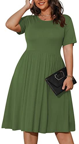 POSESHE Dam-sommarklänning i plusstorlek 2023, avslappnad, kortärmad, Empire-midja, lös passform, swing t-shirtklänning med fickor, B2 armégrön, XL plus size