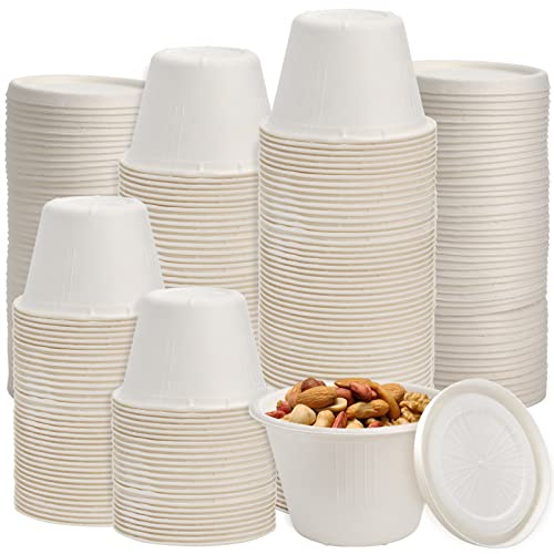 SOUJOY 100 Pack Bagasse Compostable Cups, 4.5Oz Disposable Portion Cups with Lids, Condiment Container for Sauce Salad Dressing or Souffle, Biodegradable Sugarcane Fiber Material