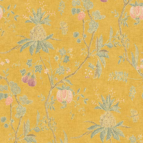 Papier peint vintage jaune à fleurs | Tapisserie fleurie idéale salon & chambre | Papier peint intissé fleuri pour couloir
