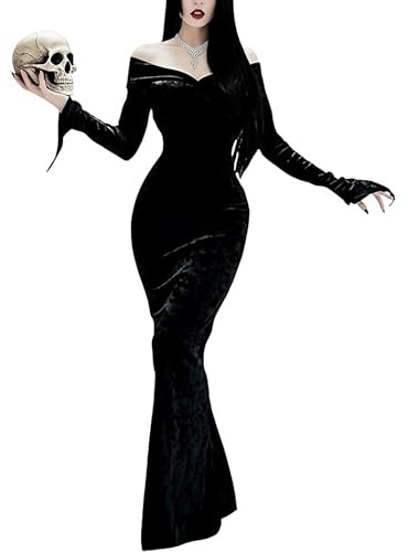 YAOBAOLE Abito Sexy da Halloween per Donna, Abito in Velluto Lungo, Sexy, Senza Spalle, Abito da Cocktail per Donna, Abito da Sera Lungo, Costume da Halloween per Adulti, Nero, Nero , S